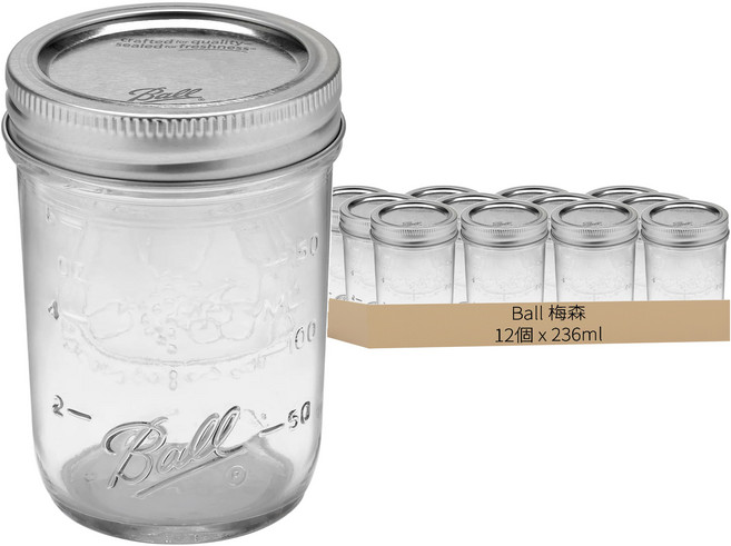 Ball 梅森罐 窄口玻璃瓶 236ml, 12個