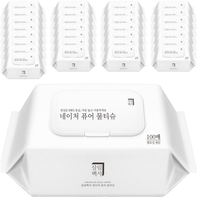 살림백서 네이처 퓨어 아기물티슈 캡형, 100매, 40개