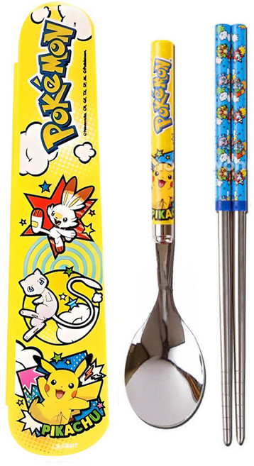 babybakery Lilfant X Pokémon 不鏽鋼餐具組 附收納袋, 湯匙 + 筷子 + 收納盒, 寶可夢 黃色 + 藍色, 1組