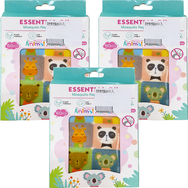 ESSENTIA 防蚊貼60入 天然植物精油配方 可愛動物造型 嬰幼兒適用 長效防蚊保護, 60入, 3盒
