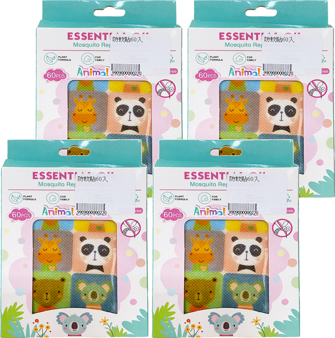 ESSENTIA 防蚊貼60入 天然植物精油配方 可愛動物造型 嬰幼兒適用 長效防蚊保護, 60入, 4盒