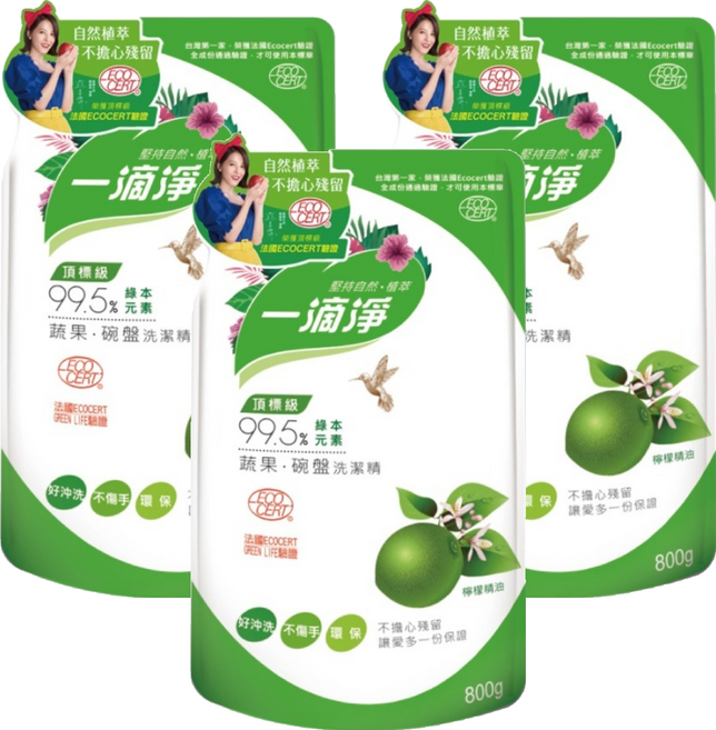 一滴淨 蘆薈多酚食品用洗潔精補充包 檸檬, 800g, 3包