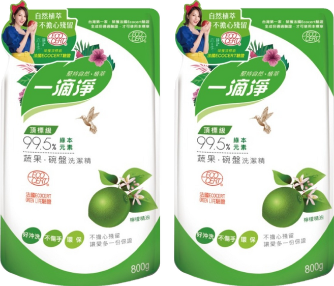 一滴淨 蘆薈多酚食品用洗潔精補充包 檸檬, 800g, 2包
