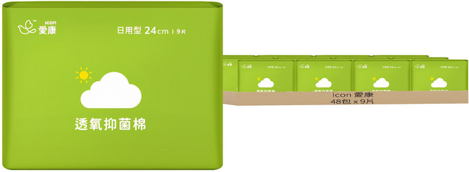 icon 愛康 透氧抑菌棉 衛生棉, 日用型(24cm), 9片, 48包