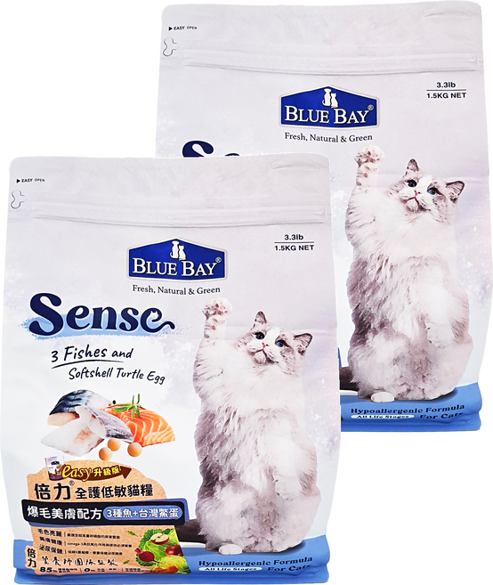 BLUE BAY 倍力 Sense 全護低敏貓飼料 3種魚+台灣鱉蛋, 皮膚/毛髮, 1.5kg, 2袋