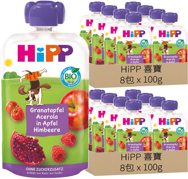 HiPP 喜寶 生機水果趣 石榴覆盆莓 1歲以上, 100g, 16包