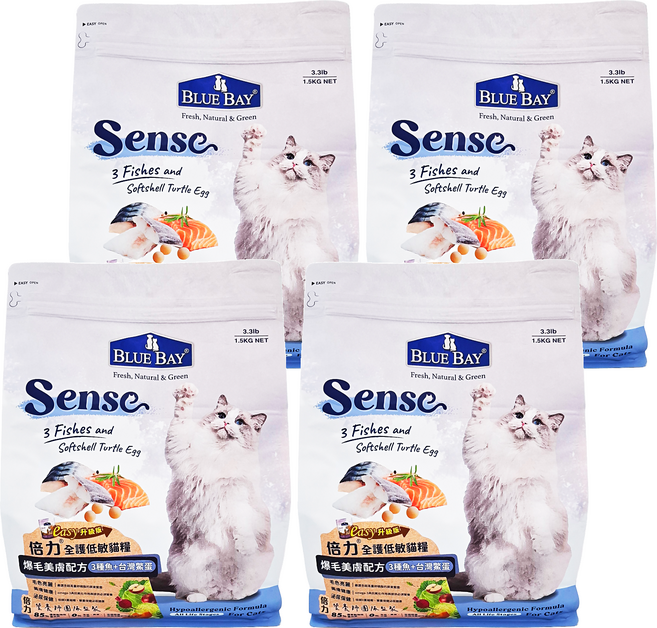 BLUE BAY 倍力 Sense 全護低敏貓飼料 3種魚+台灣鱉蛋, 皮膚/毛髮, 1.5kg, 4袋