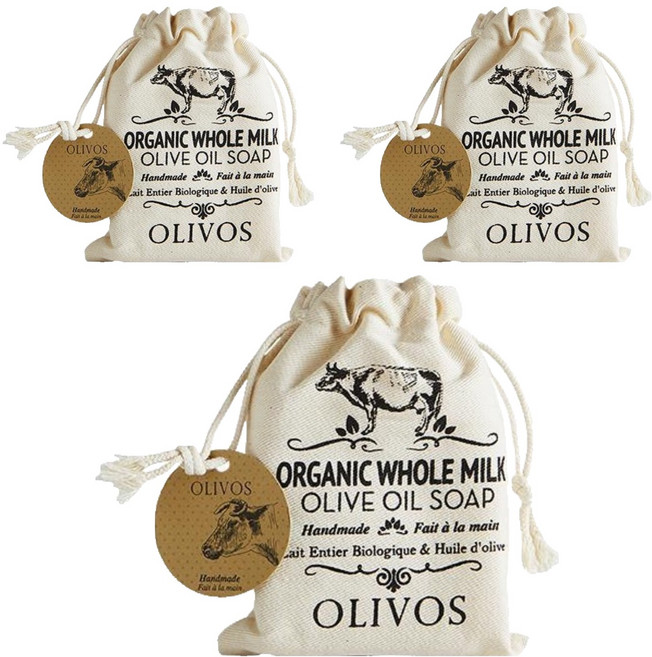 OLIVOS 奧莉芙的橄欖手工皂 全脂牛奶橄欖手工皂 附隨身束口袋 淨白, 150g, 3個