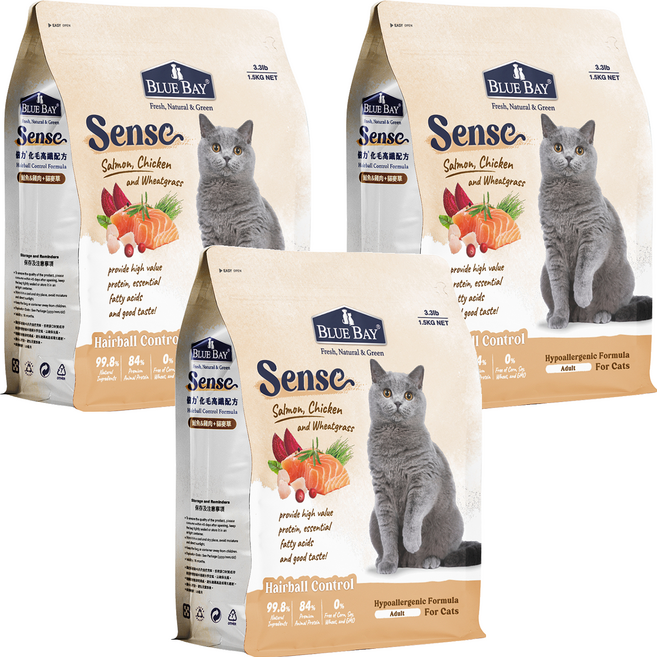 BLUE BAY 倍力 Sense 成貓 全護低敏貓飼料 雞肉 + 鮭魚 + 貓麥草, 高纖化毛, 1.5kg, 3袋