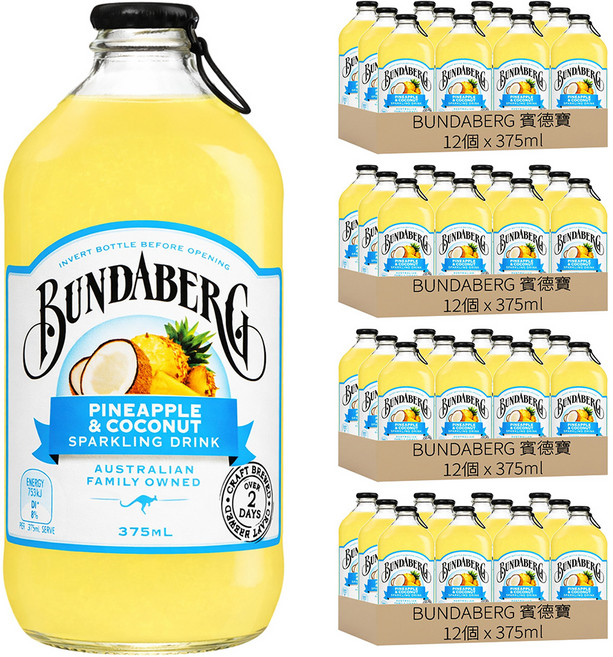 BUNDABERG 賓德寶 鳳梨椰子風味氣泡飲, 48個, 375ml