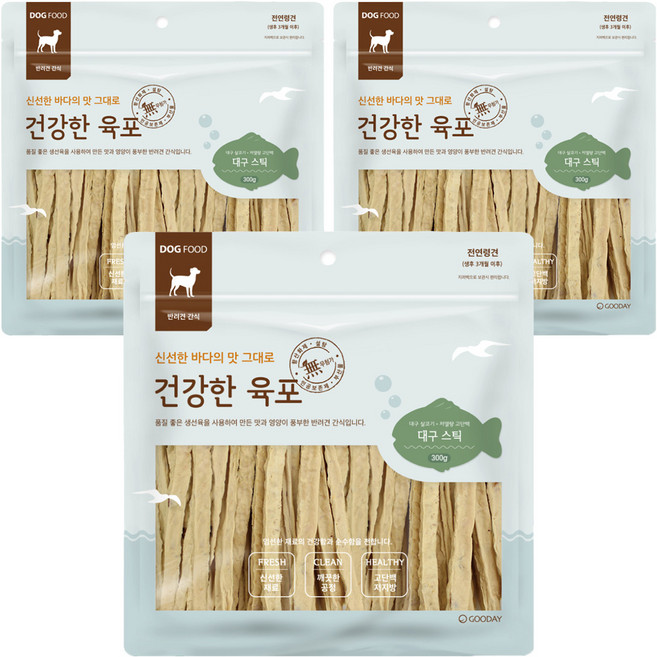 굿데이 건강한 육포 강아지 스틱간식, 대구, 300g, 3개