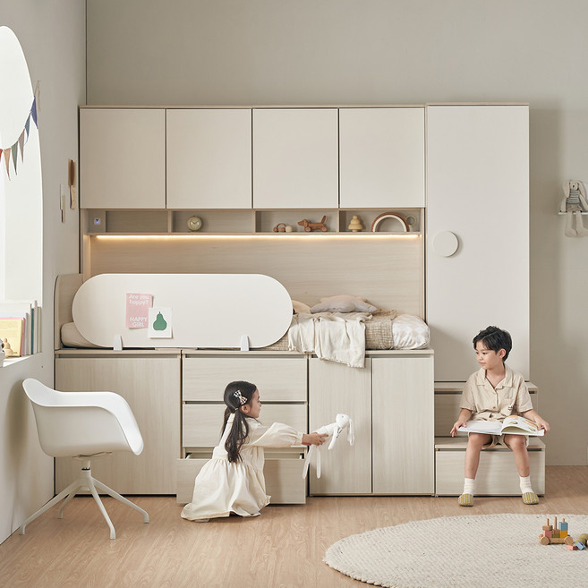 꿈꾸는요셉 디노 수납 벙커 책상 침대 프레임 + 독립 미니스프링 매트리스 세트, 아이보리(프레임), 단일색상(매트리스)