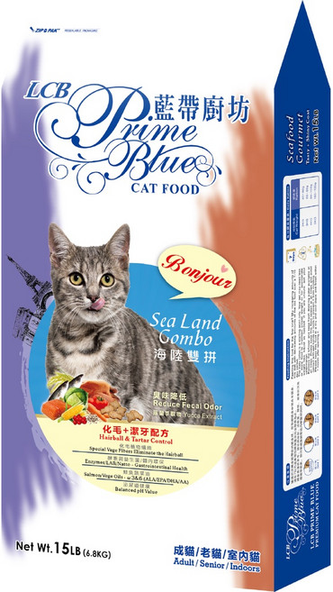 LCB 藍帶廚坊 成貓/老貓/室內貓 海陸雙拼 乾飼料, 化毛 + 潔牙配方, 6.8kg, 1袋