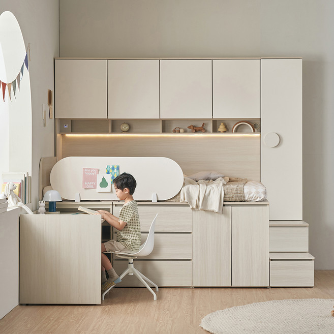 꿈꾸는요셉 디노 수납 벙커 책상 침대 프레임 + 독립 미니스프링 매트리스 세트, 아이보리(프레임), 단일색상(매트리스)