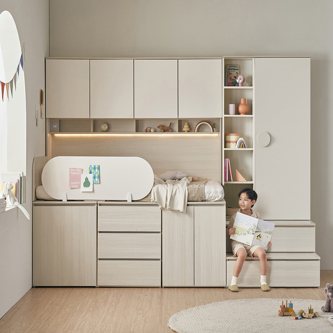 꿈꾸는요셉 디노 수납 벙커 책상 침대 프레임 + 독립 미니스프링 매트리스 세트, 아이보리(프레임), 단일색상(매트리스)