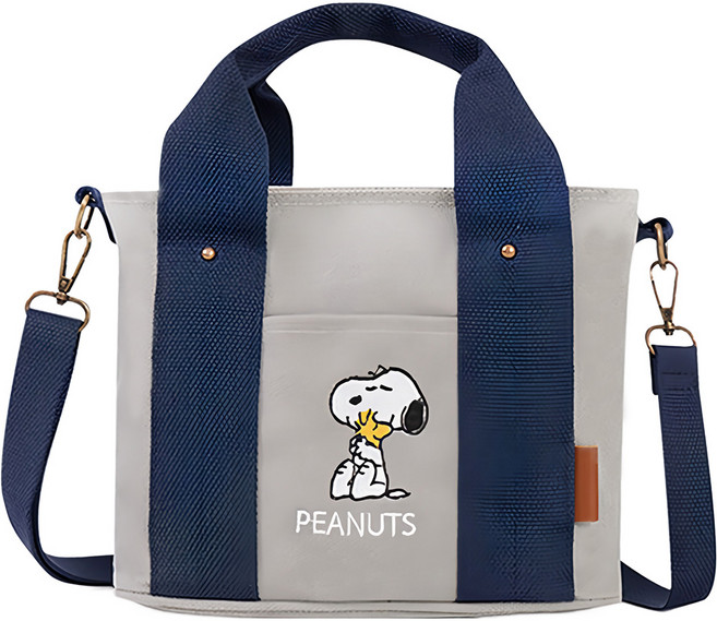 Kiiwi O 史努比 多隔層厚磅帆布兩用托特包 - 350克帆布 提把10cm 肩帶75-130cm, 灰藍色