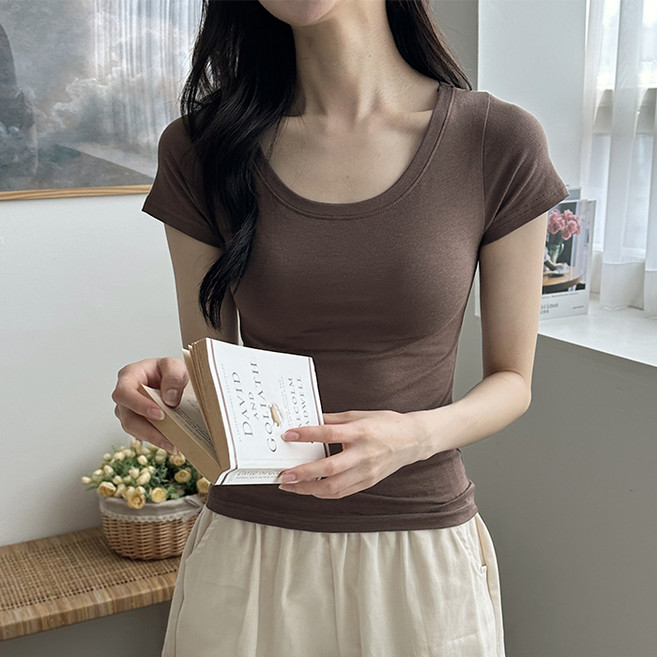 라라온 여성용 국내제작 U넥 스판 슬림핏 무지 반팔 티셔츠 TSP1900