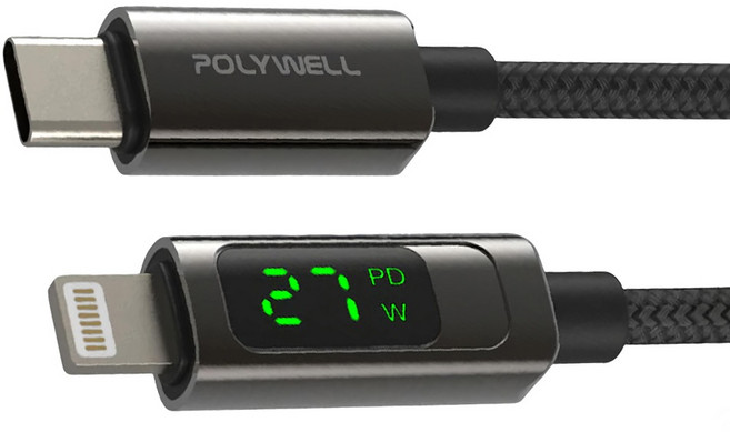 POLYWELL 寶利威爾 Lightning-Type-C 數位顯示PD快充線, 2m, 黑色, 1條