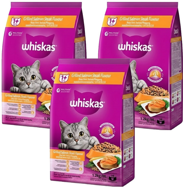 whiskas 偉嘉 貓乾糧, 烤鮭魚口味, 1.2kg, 3袋
