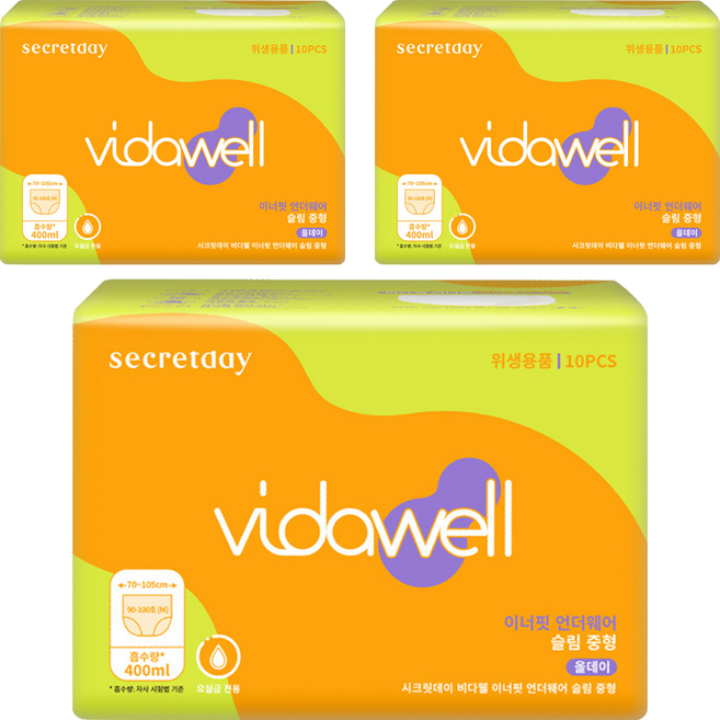 비다웰 여성용 요실금 이너핏 언더웨어 슬림 성인기저귀, 중형, 3세트, 10매입