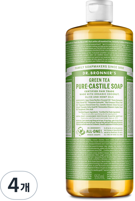 닥터브로너스 퓨어 캐스틸 솝 페이스 앤 바디워시 그린티, 950ml, 4개