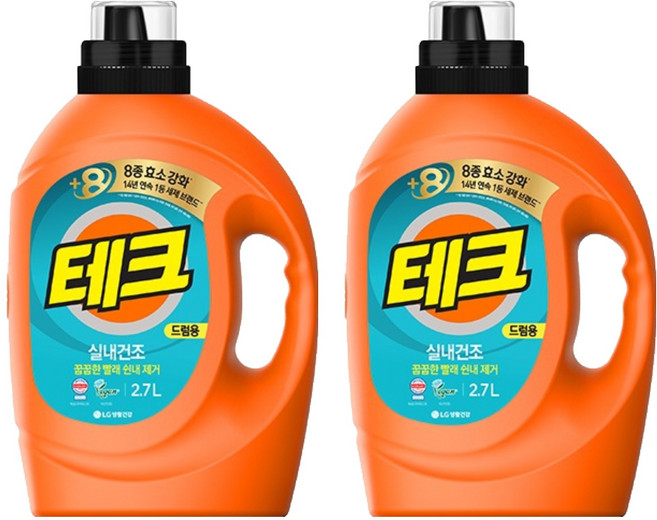 [비건라이프] 테크 실내건조 베이직 뉴 드럼용 액상세제 본품, 2.7L, 2개