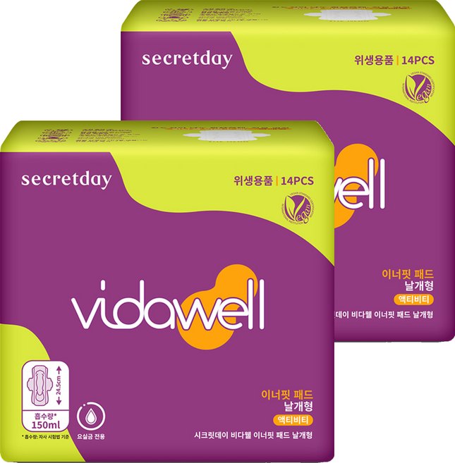[비건라이프] 비다웰 시크릿데이 요실금 이너핏 패드 날개형 성인기저귀, 14매입, 2팩