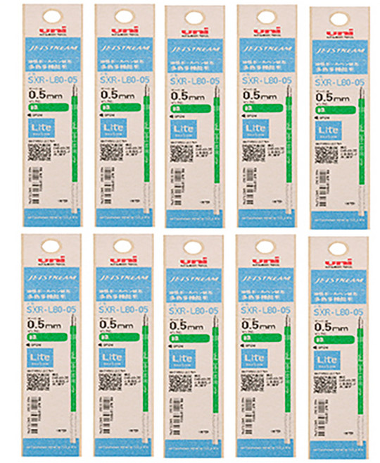 제트스트림 라이트 터치 잉크 멀티 리필심 SXR-L80-05 0.5mm, 그린, 10개
