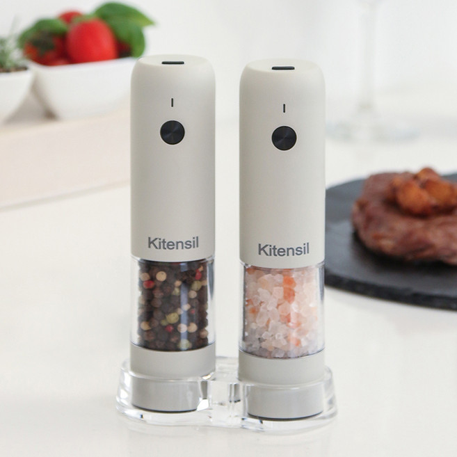 키텐실 충전식 전동 소금 후추 그라인더 애쉬화이트 + 받침대 세트, 28ml, 1세트