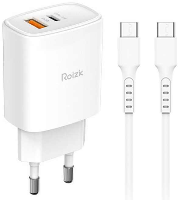 로이직 25W 2포트 PPS/PD+QC3.0 초고속 분리형 충전기 RZ-B12_화이트 + CtoC 초고속 충전 케이블 1.2M, 화이트, 1세트