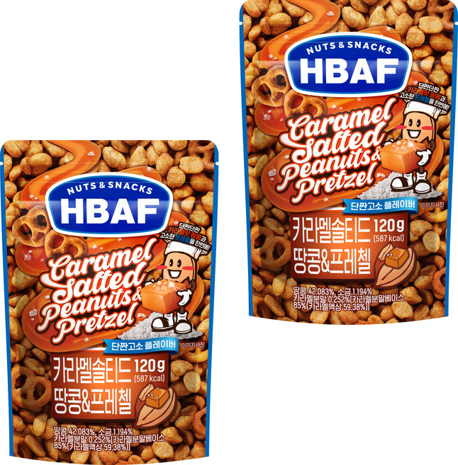 바프 넛츠앤스낵스 카라멜 솔티드 땅콩 앤 프레첼, 120g, 2개