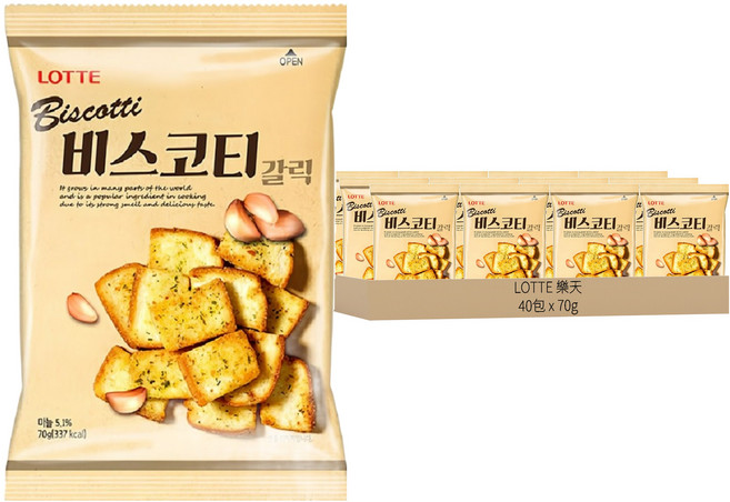 LOTTE 樂天 Biscotti 大蒜麵包餅, 70g, 40包
