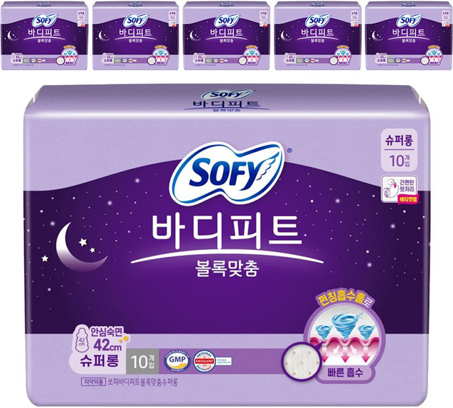 바디피트 쏘피 볼록맞춤 생리대날개형, 슈퍼롱, 10개입, 6개