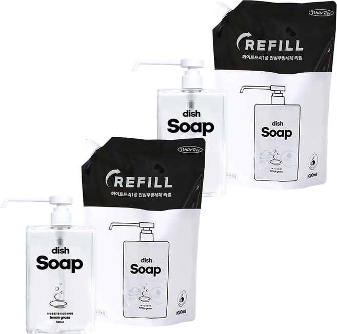 화이트트리 안심 주방세제 본품 500ml + 리필 1L, 2세트