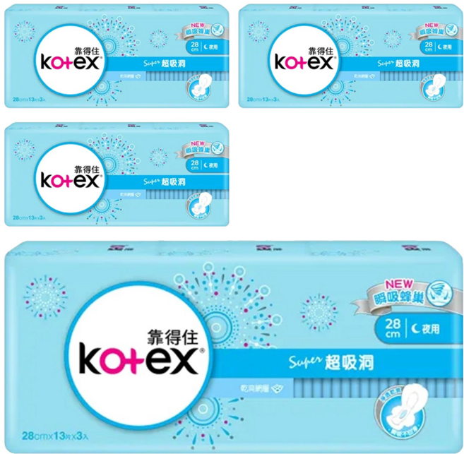 Kotex 靠得住 超吸洞 夜用超薄衛生棉 護翼型, 28cm, 39片, 4包