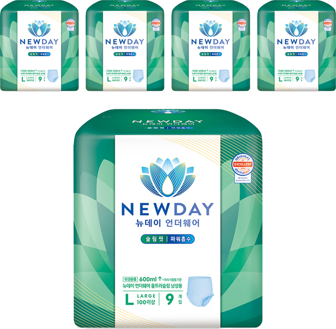 뉴데이 남성용 언더웨어 울트라슬림 성인기저귀, 대형, 9매입, 5세트