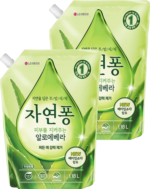 [비건라이프] 자연퐁 피부를 지켜주는 알로에베라 주방세제 리필, 2개, 1.18L