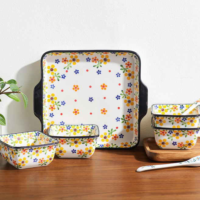 MAISON OBJET PRACA方形碟盤5件組, 茉莉花, 方形盤子+mini方形碟 4入, 1組