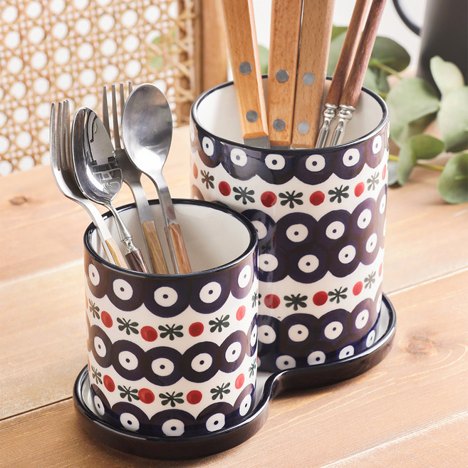 프라카 폴란드풍 도자기 수저통 3p 세트, 피코크, 1세트