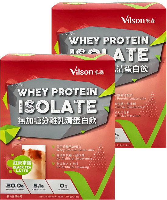 Vilson 米森 無加糖分離乳清蛋白飲 紅茶拿鐵 6包入 每包含20克蛋白質 獨立包裝方便攜帶, 210g, 2盒