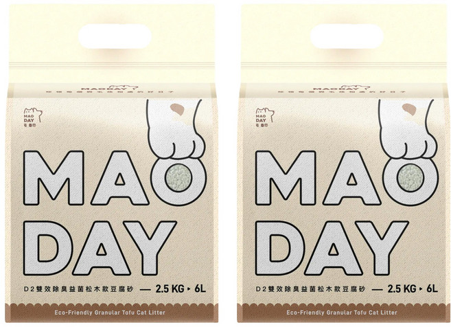 MAODAY 毛商行 D2 雙效益菌除臭松木豆腐砂 6L, 2.5kg, 2包, 無香