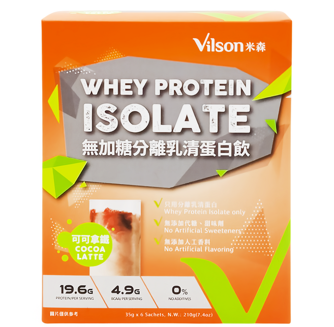 Vilson 米森 無加糖 分離乳清蛋白飲 可可拿鐵 6包, 210g, 1盒