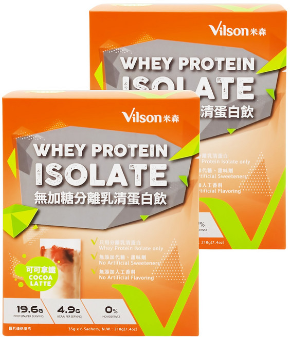 Vilson 米森 無加糖 分離乳清蛋白飲 可可拿鐵 6包, 210g, 2盒