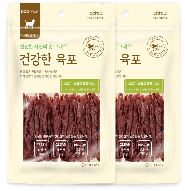 굿데이 강아지 건강한 육포, 소고기 소프트, 100g, 2개
