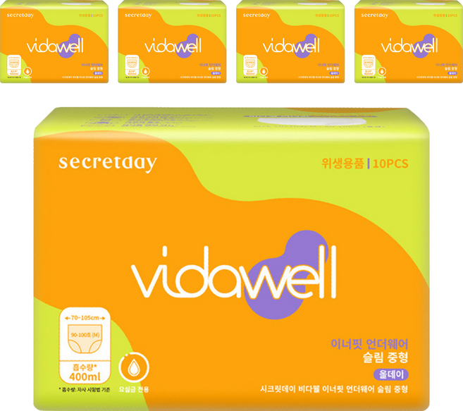 비다웰 여성용 요실금 이너핏 언더웨어 슬림 성인기저귀, 중형, 5세트, 10매입