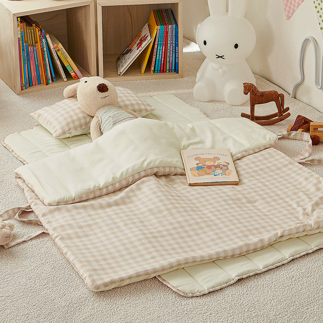 잠자코 체크러버 어린이집 낮잠이불 세트, 베이지