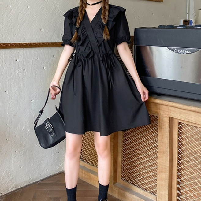 메이첼 프릴 리본 브이넥 미니 원피스 00748 빅사이즈 포함