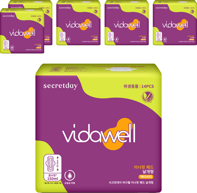 [비건라이프] 비다웰 시크릿데이 요실금 이너핏 패드 날개형 성인기저귀, 14매입, 6팩