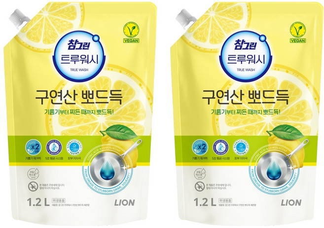 [비건라이프] 참그린 트루워시 구연산 뽀드득 주방세제 레몬향 리필, 1.2L, 2개