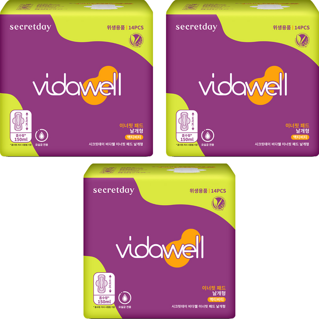 [비건라이프] 비다웰 시크릿데이 요실금 이너핏 패드 날개형 성인기저귀, 14매입, 3팩
